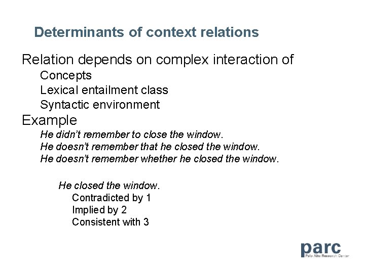 Determinants of context relations Relation depends on complex interaction of Concepts Lexical entailment class