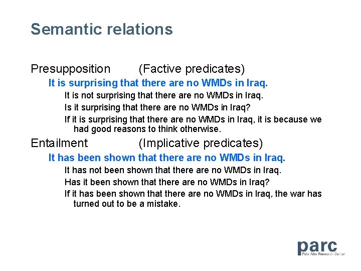Semantic relations Presupposition (Factive predicates) It is surprising that there are no WMDs in