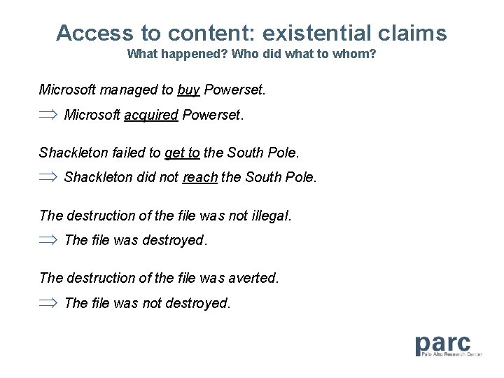 Access to content: existential claims What happened? Who did what to whom? Microsoft managed