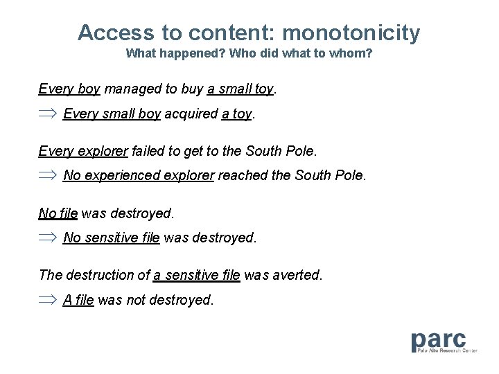 Access to content: monotonicity What happened? Who did what to whom? Every boy managed