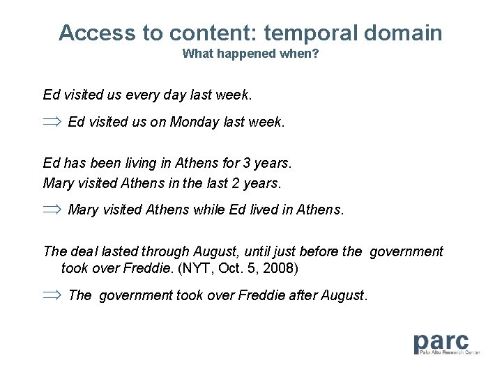 Access to content: temporal domain What happened when? Ed visited us every day last