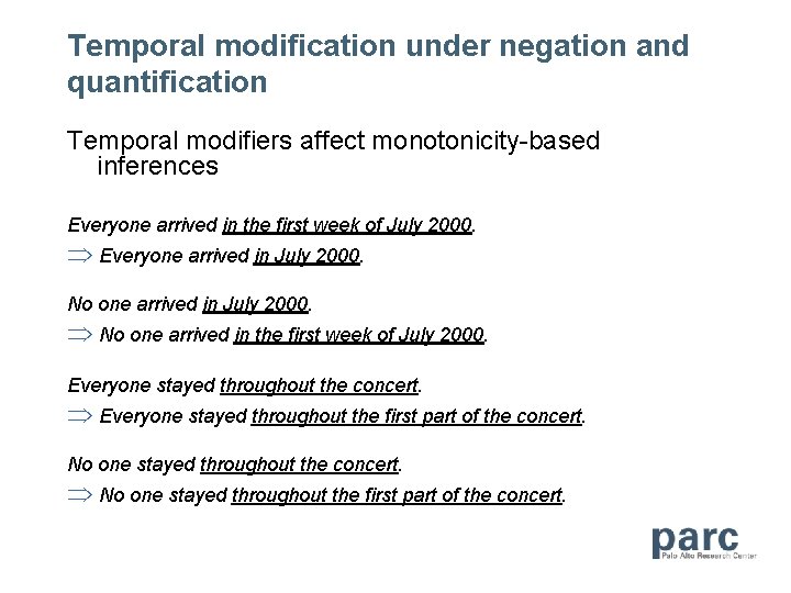 Temporal modification under negation and quantification Temporal modifiers affect monotonicity-based inferences Everyone arrived in