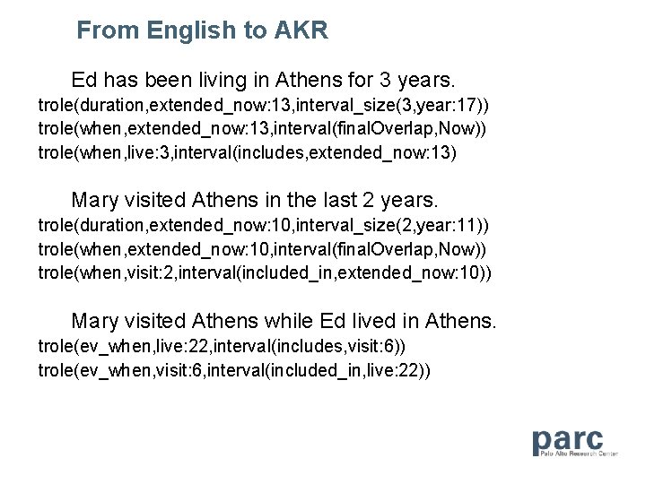 From English to AKR Ed has been living in Athens for 3 years. trole(duration,