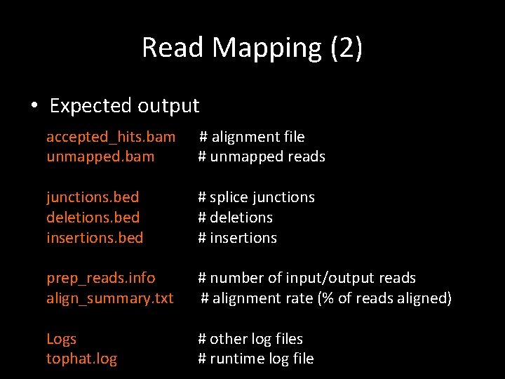 Read Mapping (2) • Expected output accepted_hits. bam unmapped. bam # alignment file #