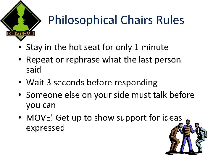 Philosophical Chairs Rules • Stay in the hot seat for only 1 minute •