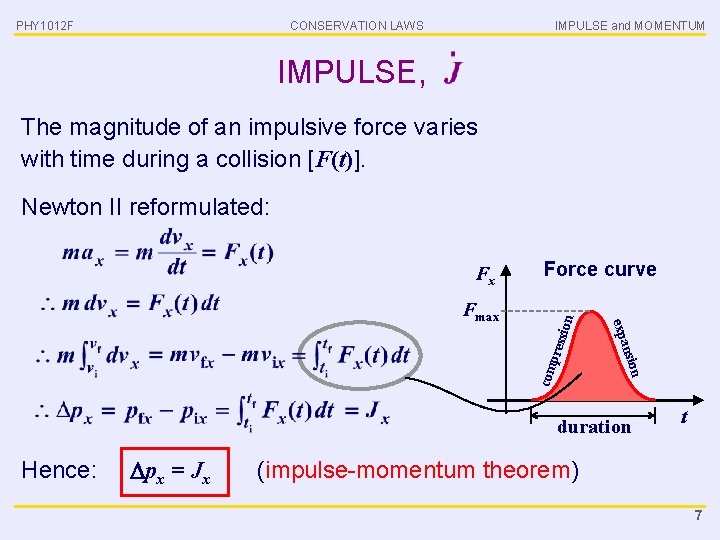 PHY 1012 F CONSERVATION LAWS IMPULSE and MOMENTUM IMPULSE, The magnitude of an impulsive