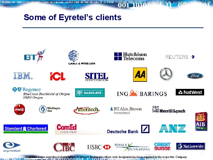 Some of Eyretel’s clients 14 Corporate Logos reproduced above reflect Registered Trademarks where such