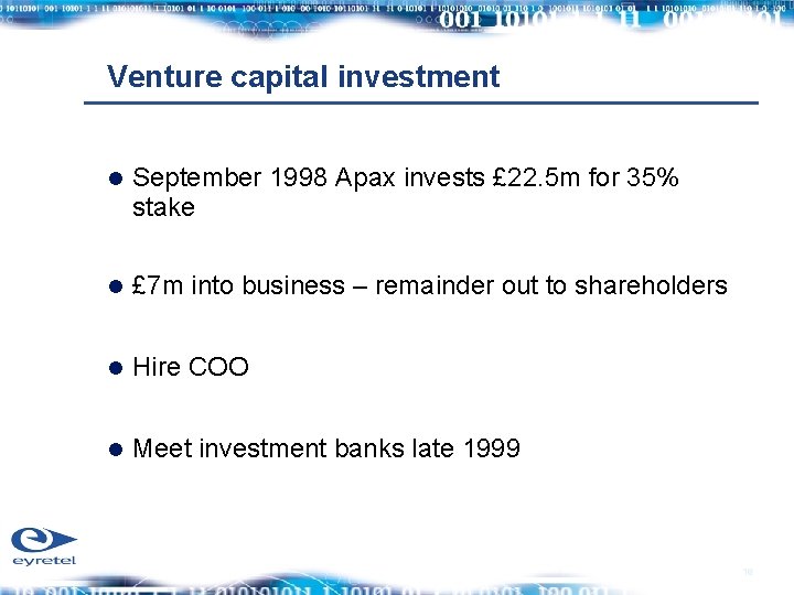 Venture capital investment September 1998 Apax invests £ 22. 5 m for 35% stake