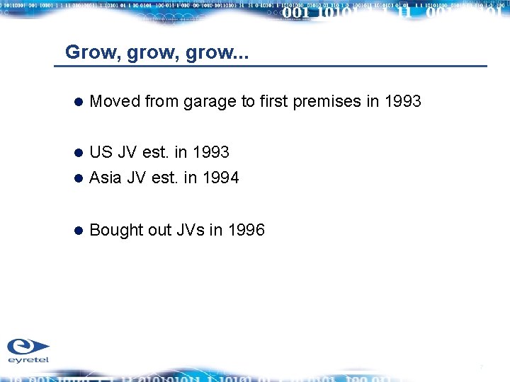 Grow, grow. . . Moved from garage to first premises in 1993 US JV