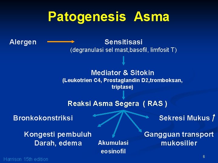 Patogenesis Asma Alergen Sensitisasi (degranulasi sel mast, basofil, limfosit T) Mediator & Sitokin (Leukotrien