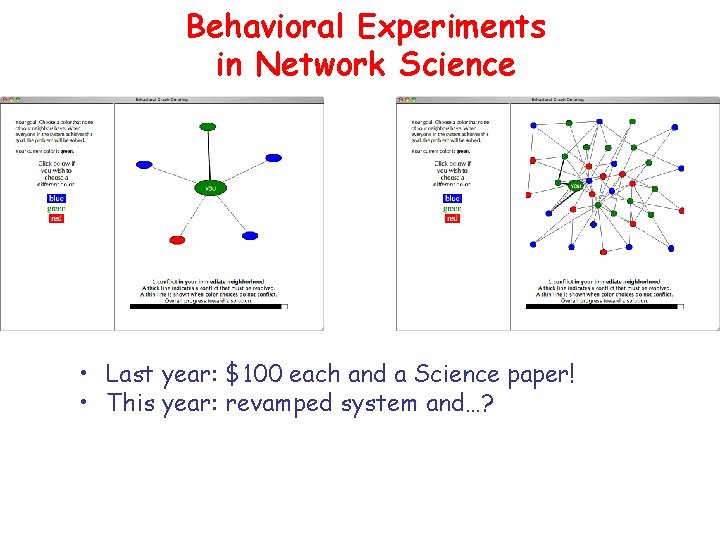 Behavioral Experiments in Network Science • Last year: $100 each and a Science paper!