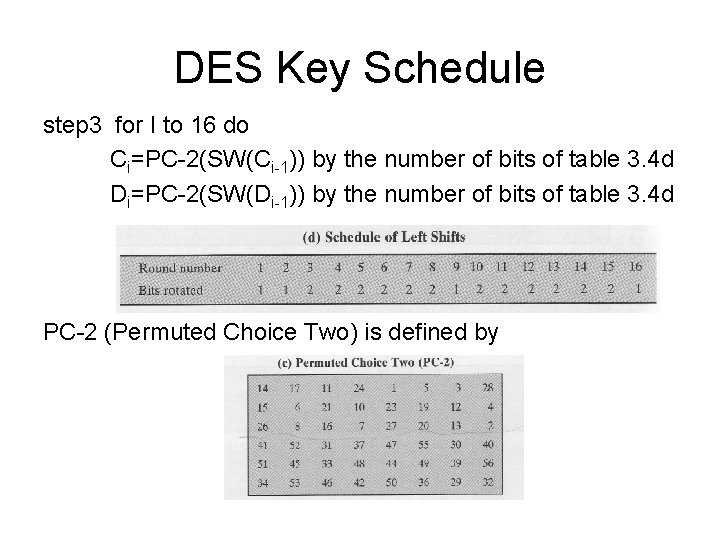 DES Key Schedule step 3 for I to 16 do Ci=PC-2(SW(Ci-1)) by the number