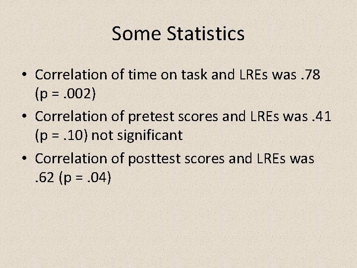 Some Statistics • Correlation of time on task and LREs was. 78 (p =.