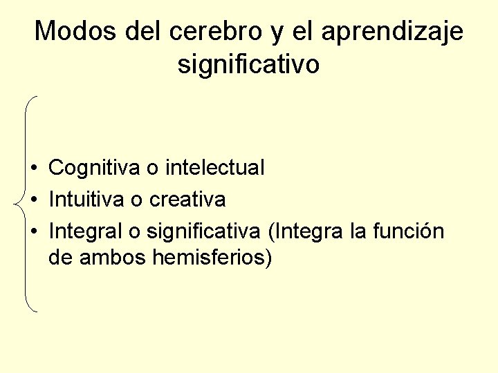 Modos del cerebro y el aprendizaje significativo • Cognitiva o intelectual • Intuitiva o