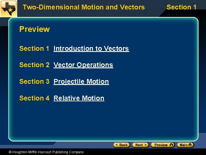 Two-Dimensional Motion and Vectors Preview Section 1 Introduction to Vectors Section 2 Vector Operations