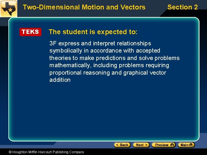 Two-Dimensional Motion and Vectors TEKS Section 2 The student is expected to: 3 F