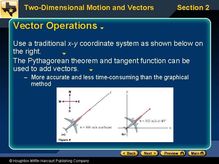 Two-Dimensional Motion and Vectors Section 2 Vector Operations Use a traditional x-y coordinate system