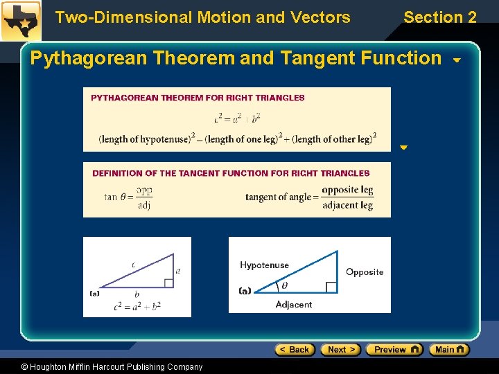 Two-Dimensional Motion and Vectors Section 2 Pythagorean Theorem and Tangent Function © Houghton Mifflin