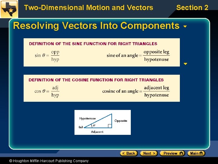 Two-Dimensional Motion and Vectors Section 2 Resolving Vectors Into Components © Houghton Mifflin Harcourt