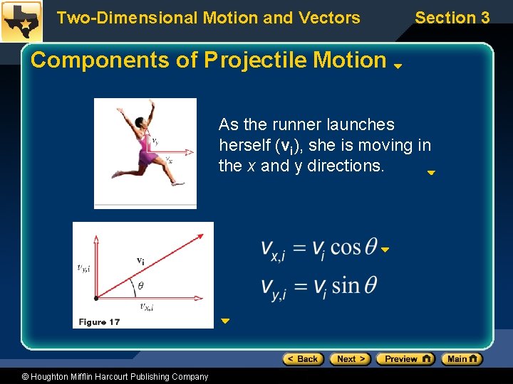 Two-Dimensional Motion and Vectors Section 3 Components of Projectile Motion As the runner launches