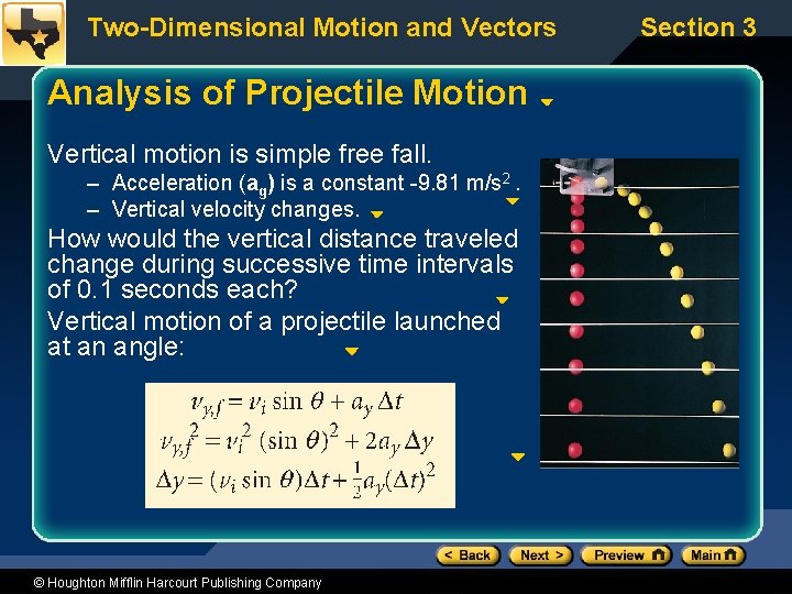 Two-Dimensional Motion and Vectors Analysis of Projectile Motion Vertical motion is simple free fall.