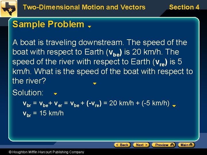 Two-Dimensional Motion and Vectors Section 4 Sample Problem A boat is traveling downstream. The