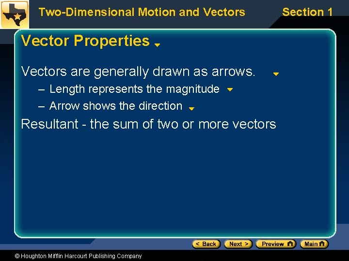 Two-Dimensional Motion and Vectors Vector Properties Vectors are generally drawn as arrows. – Length