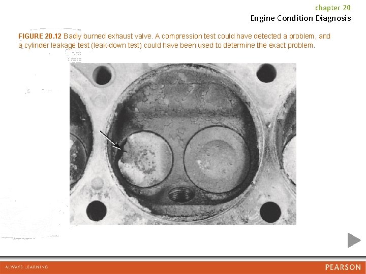 chapter 20 Engine Condition Diagnosis FIGURE 20. 12 Badly burned exhaust valve. A compression