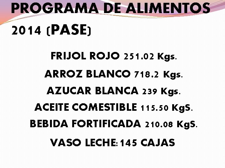 PROGRAMA DE ALIMENTOS 2014 (PASE) FRIJOL ROJO 251. 02 Kgs. ARROZ BLANCO 718. 2