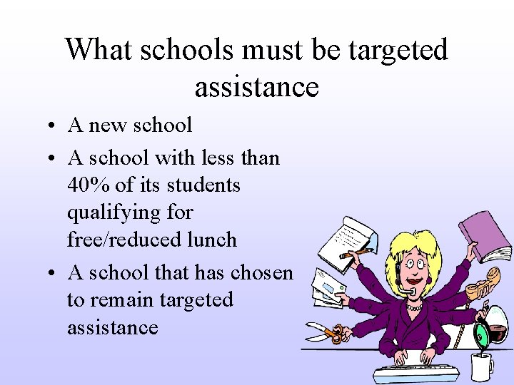 What schools must be targeted assistance • A new school • A school with