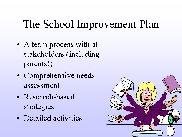 The School Improvement Plan • A team process with all stakeholders (including parents!) •