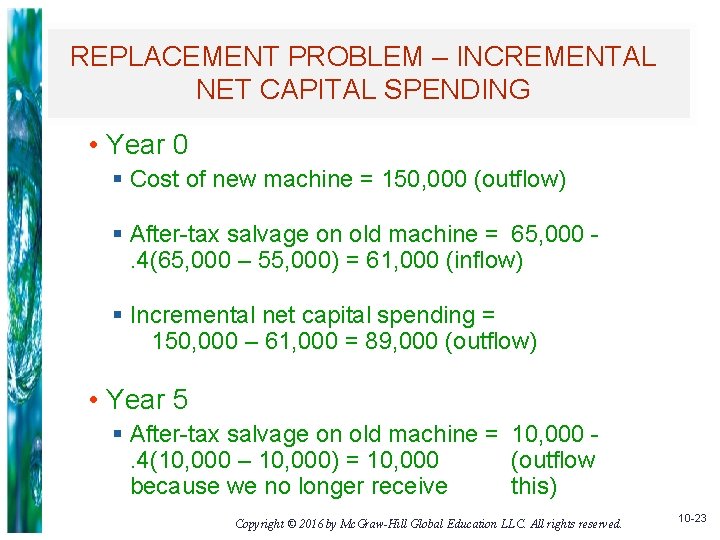 REPLACEMENT PROBLEM – INCREMENTAL NET CAPITAL SPENDING • Year 0 § Cost of new