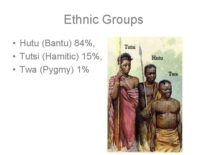 Ethnic Groups • Hutu (Bantu) 84%, • Tutsi (Hamitic) 15%, • Twa (Pygmy) 1%
