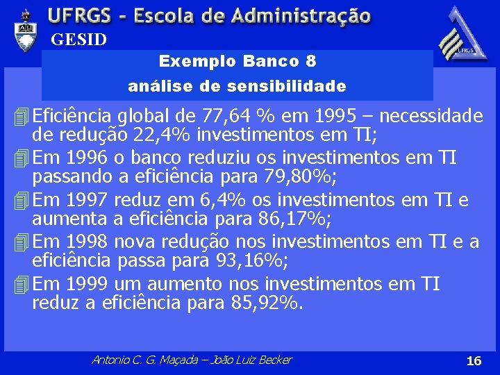 GESID Exemplo Banco 8 análise de sensibilidade 4 Eficiência global de 77, 64 %