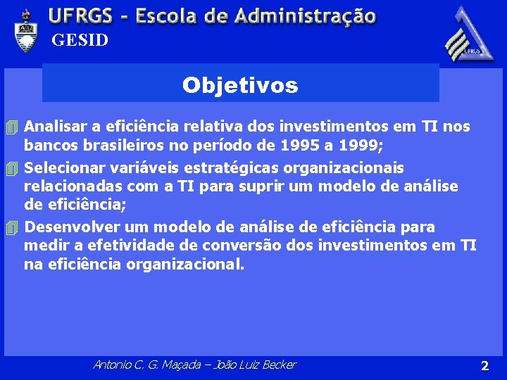 GESID Objetivos 4 Analisar a eficiência relativa dos investimentos em TI nos bancos brasileiros