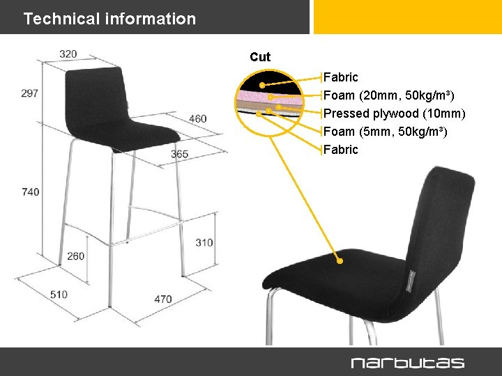 Technical information Cut Fabric Foam (20 mm, 50 kg/m³) Pressed plywood (10 mm) Foam