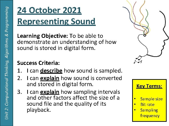 Unit 2: Computational Thinking, Algorithms & Programming 24 October 2021 Representing Sound Learning Objective: Unit 2: Computational Thinking, Algorithms & Programming 24 October 2021 Representing Sound Learning Objective: