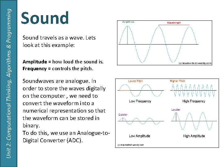 Unit 2: Computational Thinking, Algorithms & Programming Sound travels as a wave. Lets look Unit 2: Computational Thinking, Algorithms & Programming Sound travels as a wave. Lets look