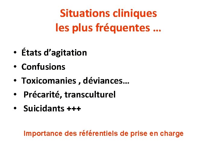 Situations cliniques les plus fréquentes … • • • États d’agitation Confusions Toxicomanies ,