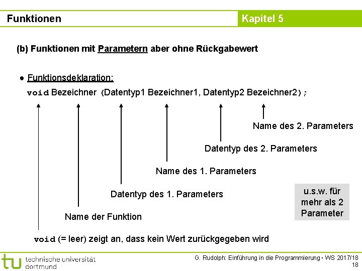 Funktionen Kapitel 5 (b) Funktionen mit Parametern aber ohne Rückgabewert ● Funktionsdeklaration: void Bezeichner