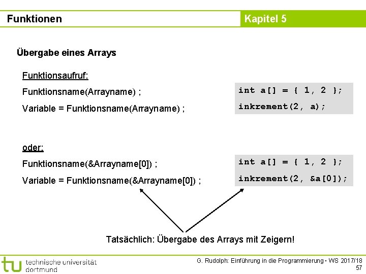Funktionen Kapitel 5 Übergabe eines Arrays Funktionsaufruf: Funktionsname(Arrayname) ; int a[] = { 1,
