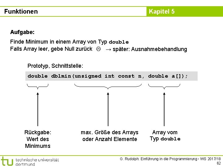 Funktionen Kapitel 5 Aufgabe: Finde Minimum in einem Array von Typ double Falls Array