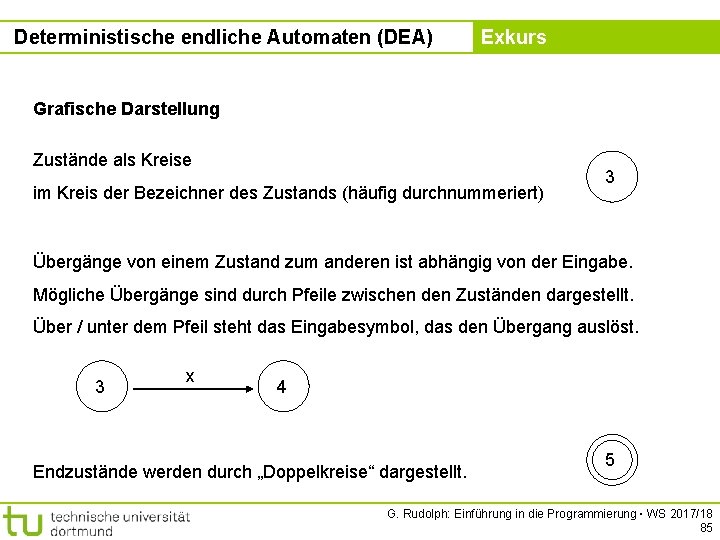 Deterministische endliche Automaten (DEA) Kapitel 5 Exkurs Grafische Darstellung Zustände als Kreise im Kreis