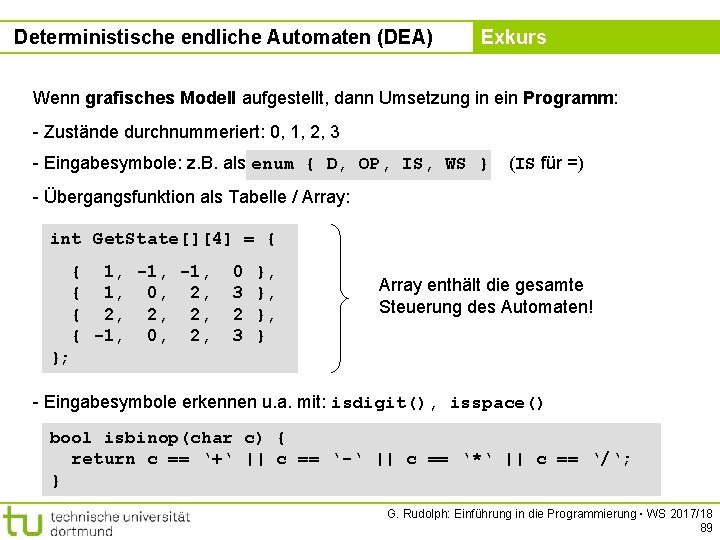 Deterministische endliche Automaten (DEA) Kapitel 5 Exkurs Wenn grafisches Modell aufgestellt, dann Umsetzung in