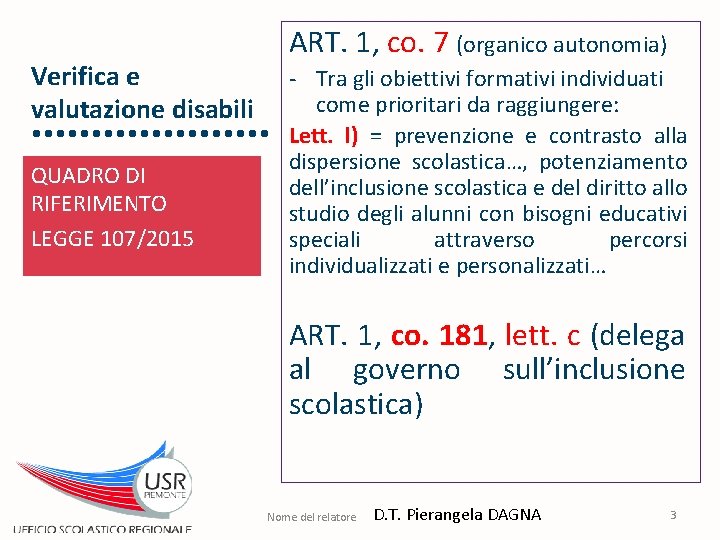 Verifica e valutazione disabili QUADRO DI RIFERIMENTO LEGGE 107/2015 ART. 1, co. 7 (organico