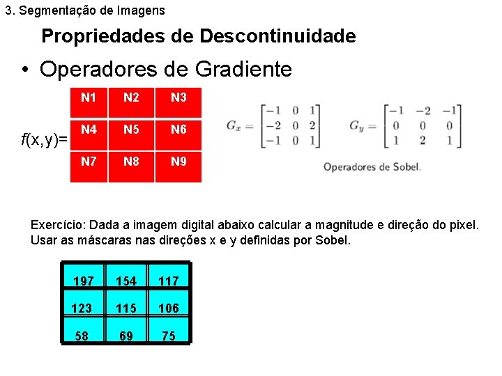 3. Segmentação de Imagens Propriedades de Descontinuidade • Operadores de Gradiente f(x, y)= N