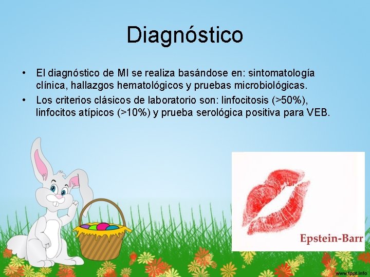 Diagnóstico • El diagnóstico de MI se realiza basándose en: sintomatología clínica, hallazgos hematológicos