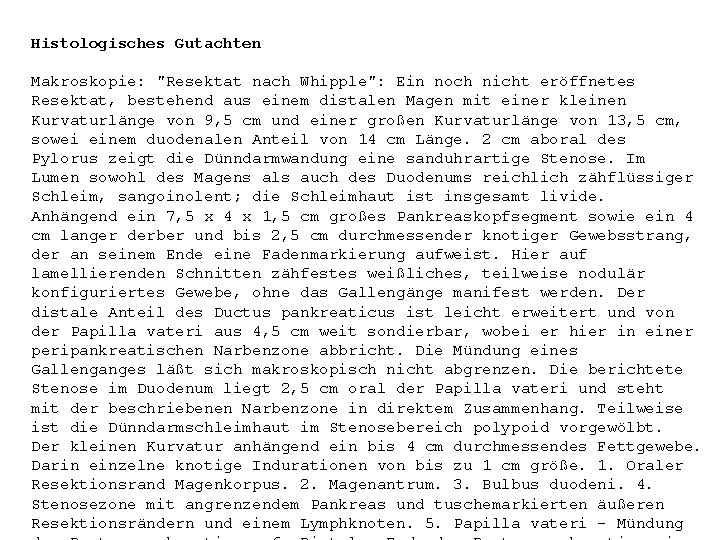 Histologisches Gutachten Makroskopie: "Resektat nach Whipple": Ein noch nicht eröffnetes Resektat, bestehend aus einem