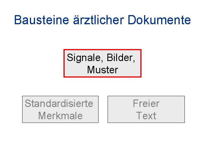 Bausteine ärztlicher Dokumente Signale, Bilder, Muster Standardisierte Merkmale Freier Text 