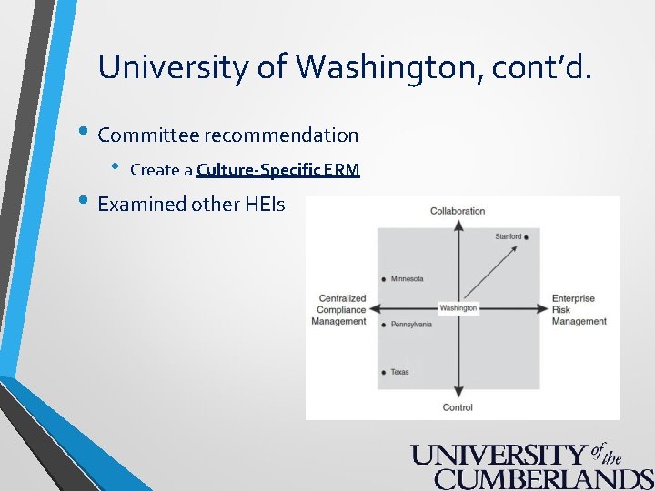 University of Washington, cont’d. • Committee recommendation • Create a Culture-Specific ERM • Examined